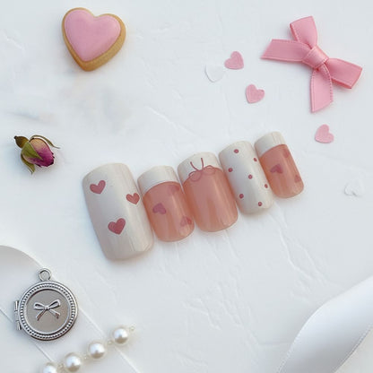 12-Piece Nude French Tip with Red Heart Accents Reusable Press On Nail