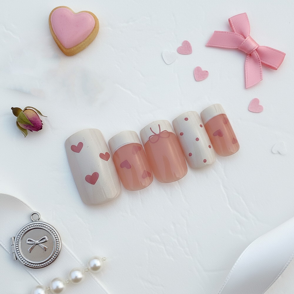 Nude French Tip with Red Heart Accents Reusable Press On Nail