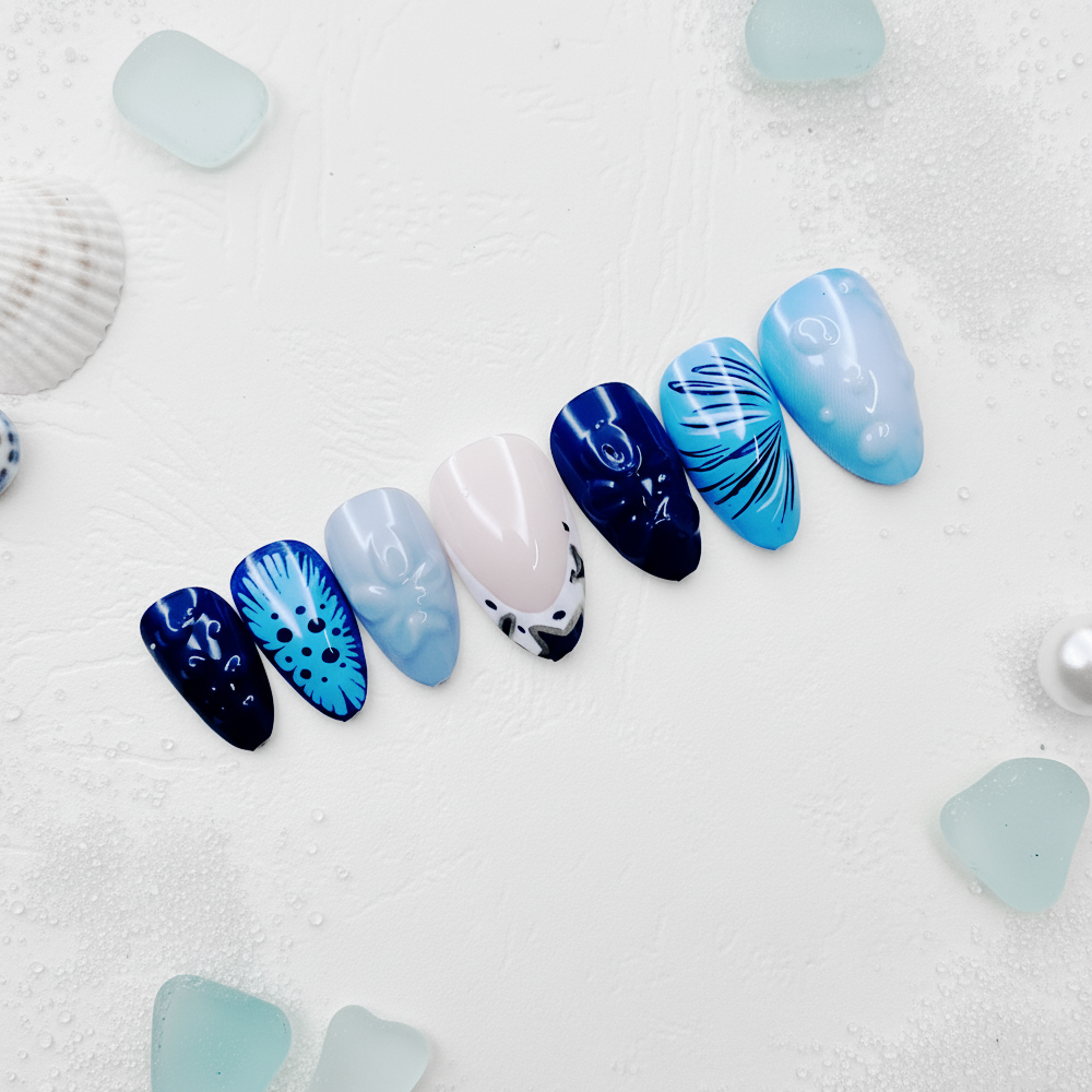 Abstract Oval Manicure in Teal, Blue, and Nude Reusable Press On Nail