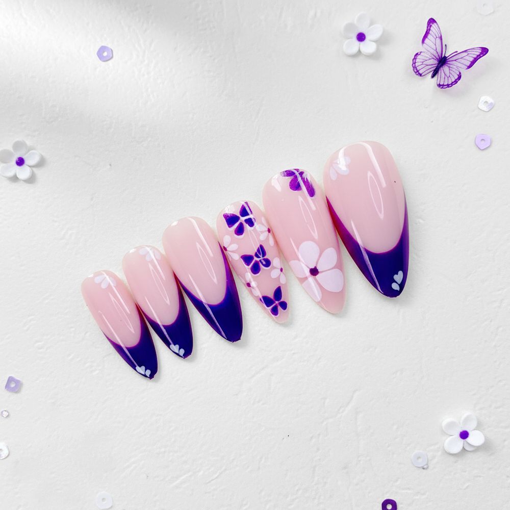 24-Piece Violet Bloom Almond French press on nails Reusable Press On Nail