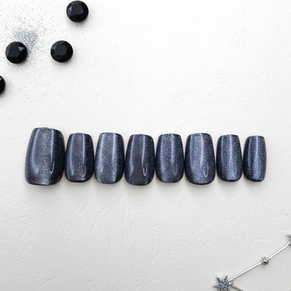 12-Piece Mystic Midnight Chrome Ombre Cat Eye Nails Reusable Press On Nail