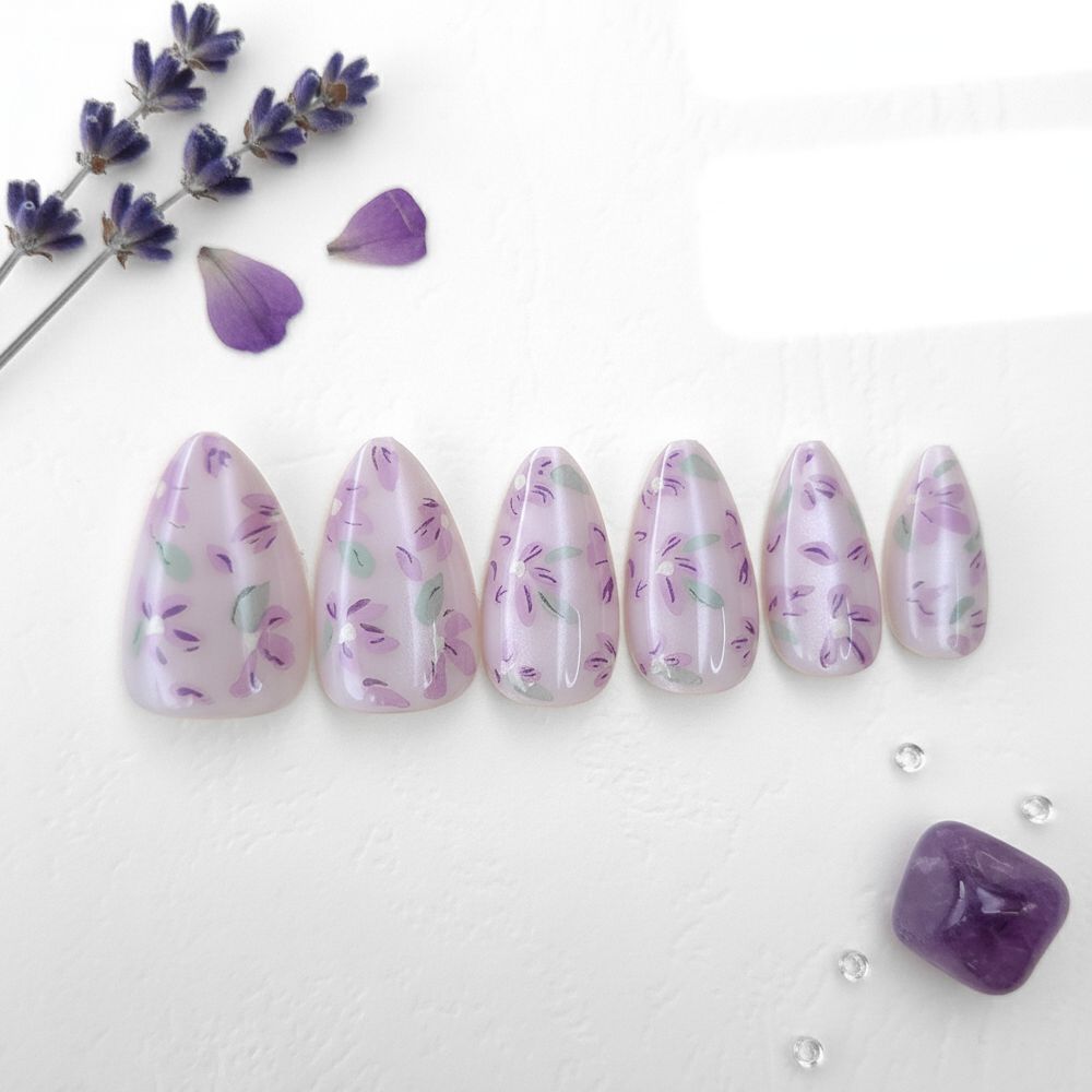 12-Piece Lavender Haze Floral Overlay Almond Nails Reusable Press On Nail