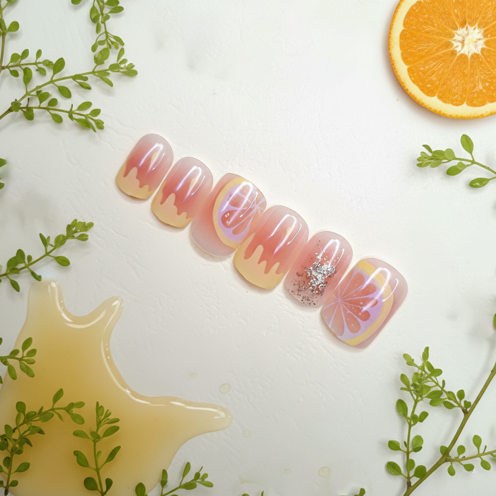 Clear Square Tip with Citrus & Glitter Accents Reusable Press On Nail
