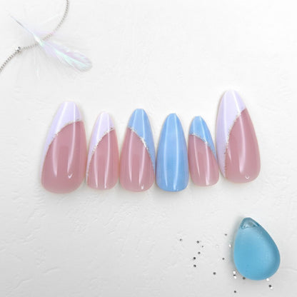12-Piece Rose Pink and Pastel Blue Abstract Nails Reusable Press On Nail