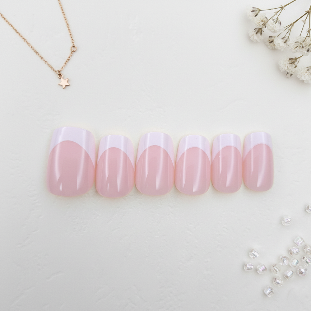 Short Square Nude and White French Nails Reusable Press On Nail