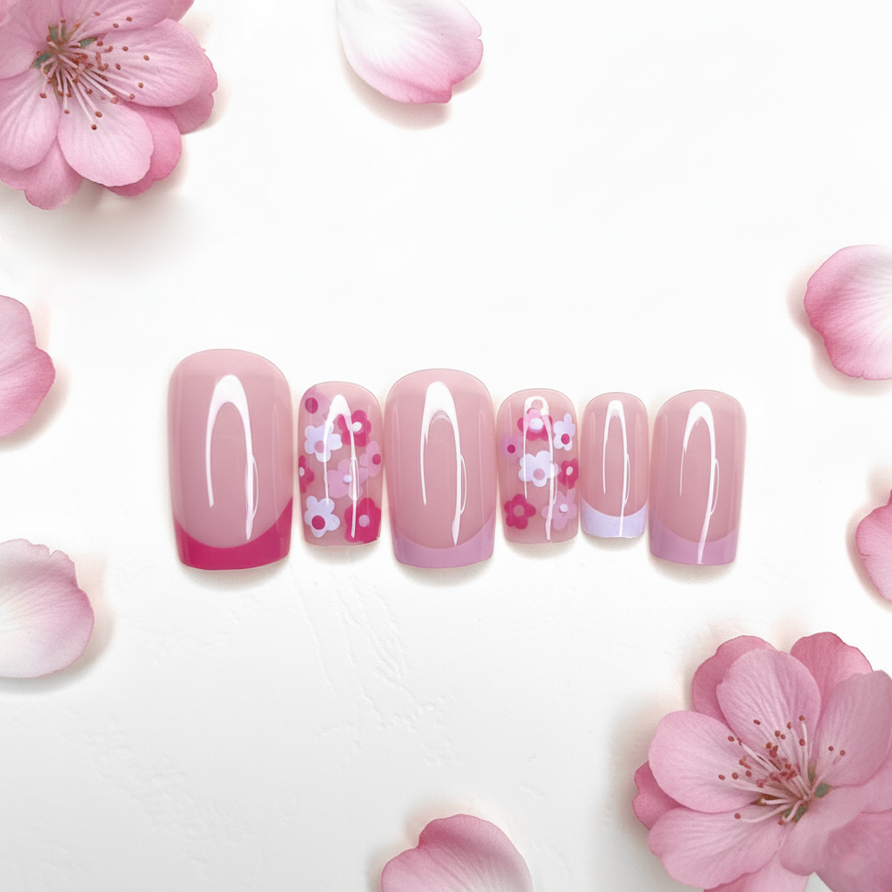 Square French Manicure with Hot Pink Flower Accents Reusable Press On Nail