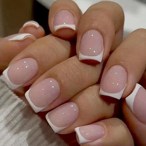 12-Piece Short Square Nude and White French Nails Reusable Press On Nail