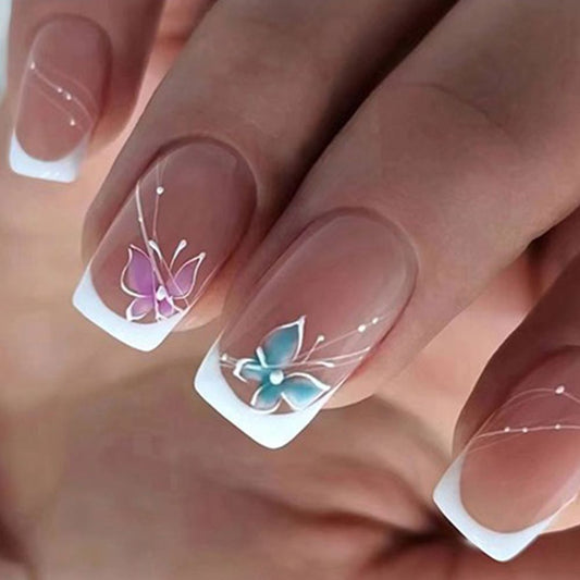 24-Piece Butterfly Whisper Square French Tip Reusable Press On Nail