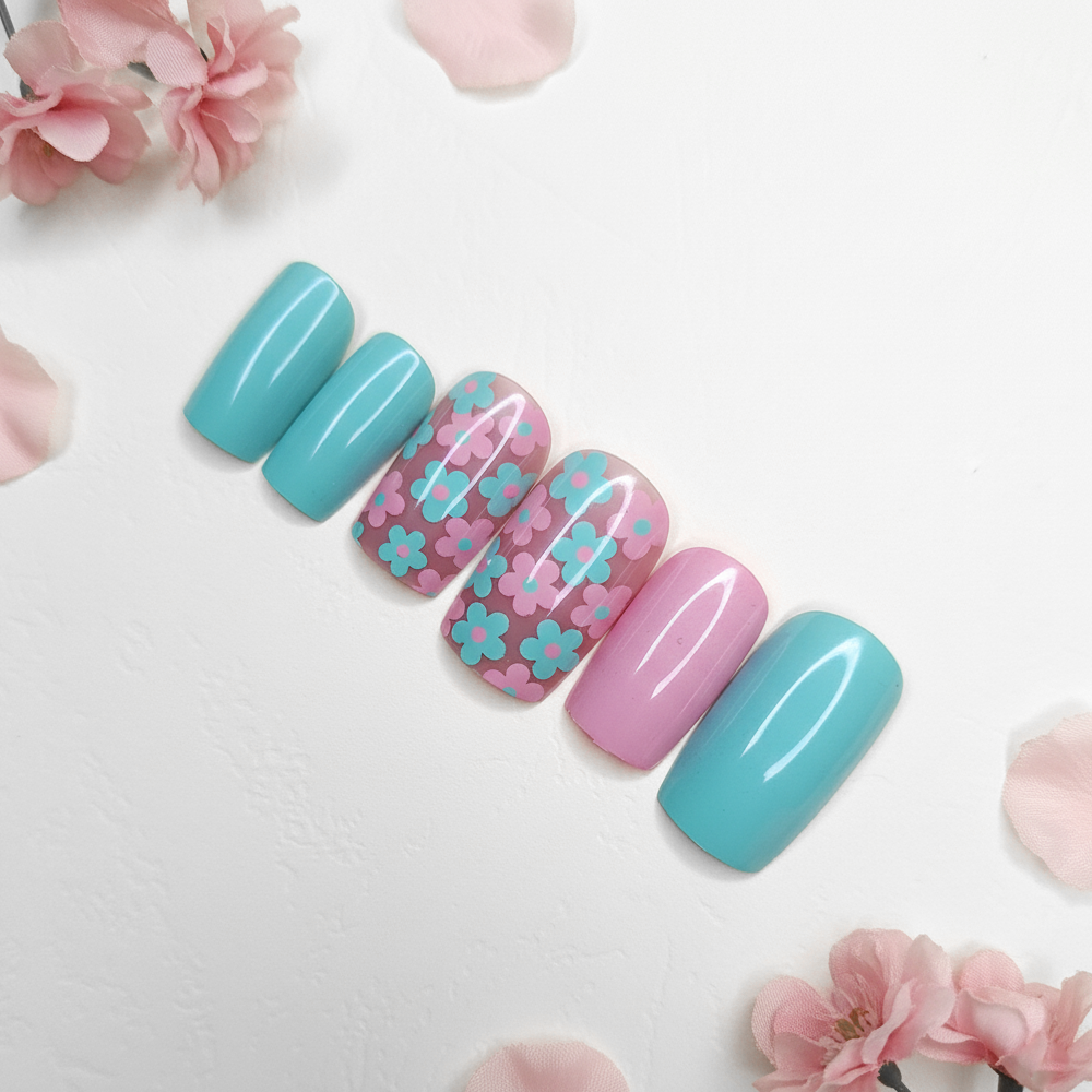 Square French Tip Pastel Floral Mix Reusable Press On Nail