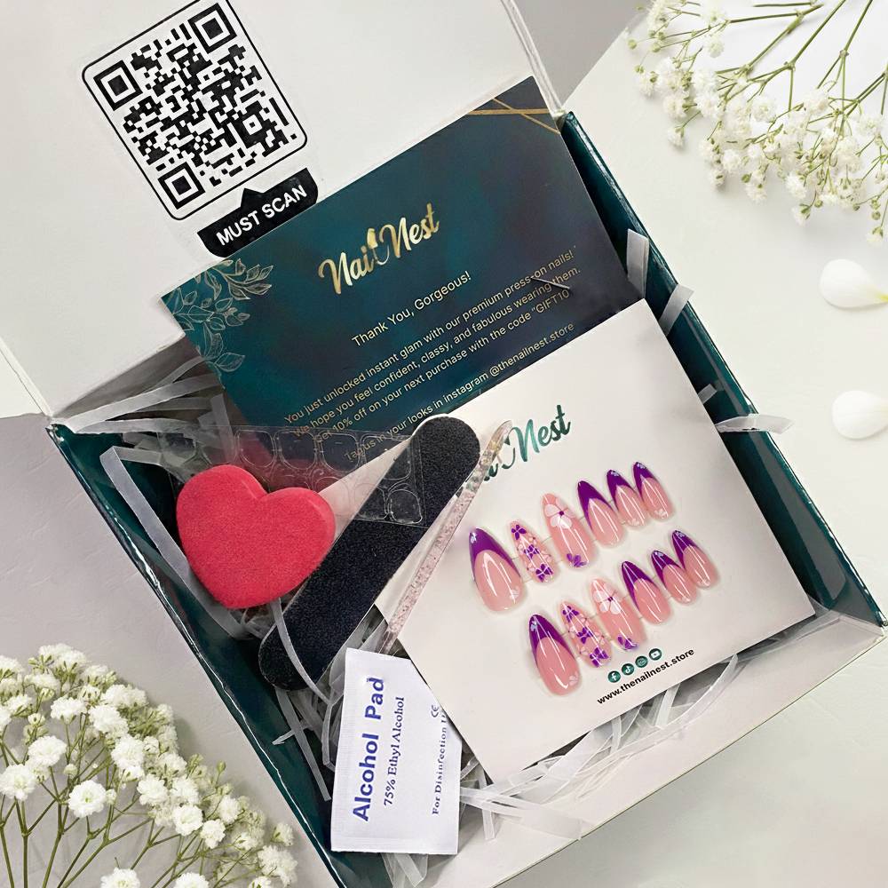 24-Piece Violet Bloom Almond French press on nails Reusable Press On Nail