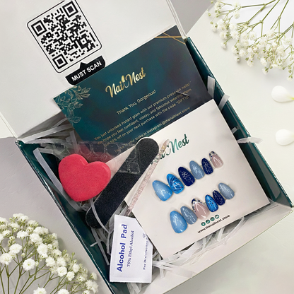 Abstract Oval Manicure in Teal, Blue, and Nude Reusable Press On Nail