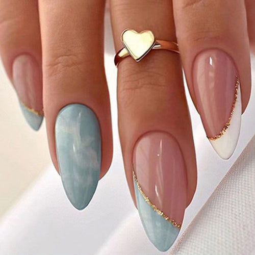 12-Piece Rose Pink and Pastel Blue Abstract Nails Reusable Press On Nail