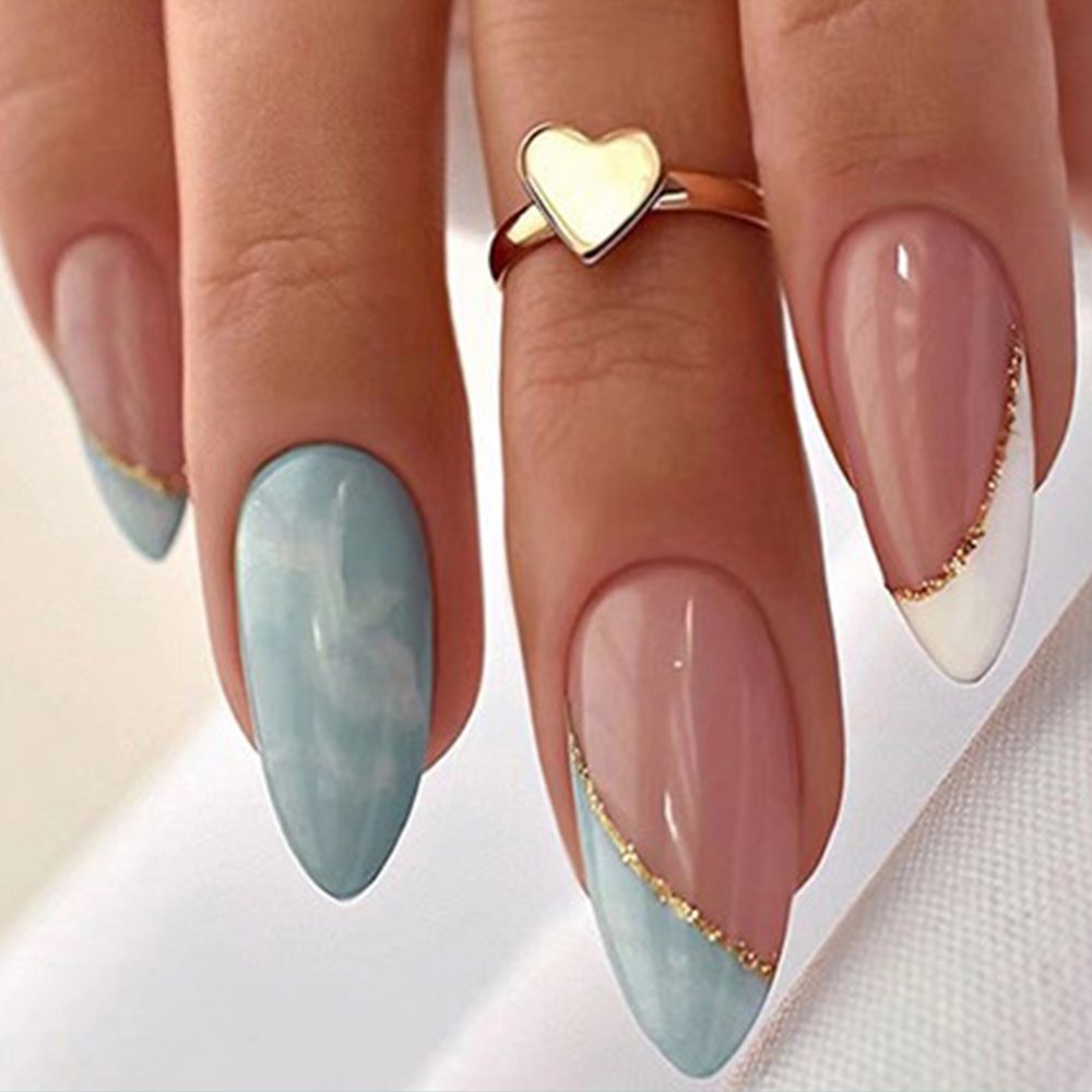 Rose Pink and Pastel Blue Abstract Nails Reusable Press On Nail