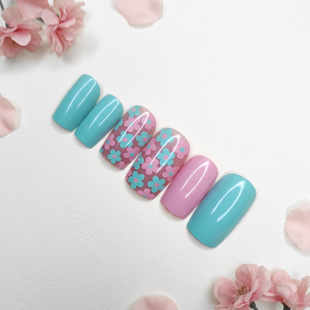 12-Piece Square French Tip Pastel Floral Mix Reusable Press On Nail