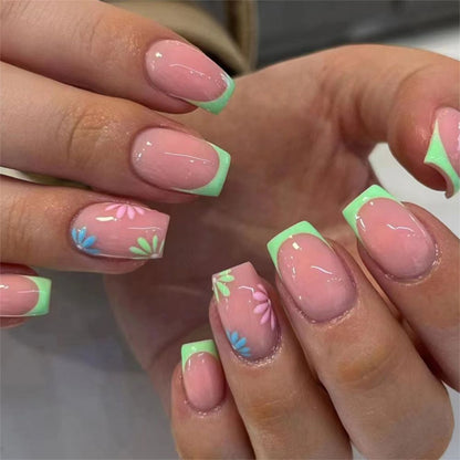 12-picese Neon Mint Daisy  Square French Tip Reusable Press On Nail