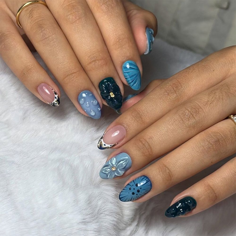 12-Piece Abstract Oval Manicure in Teal, Blue, and Nude Reusable Press On Nail
