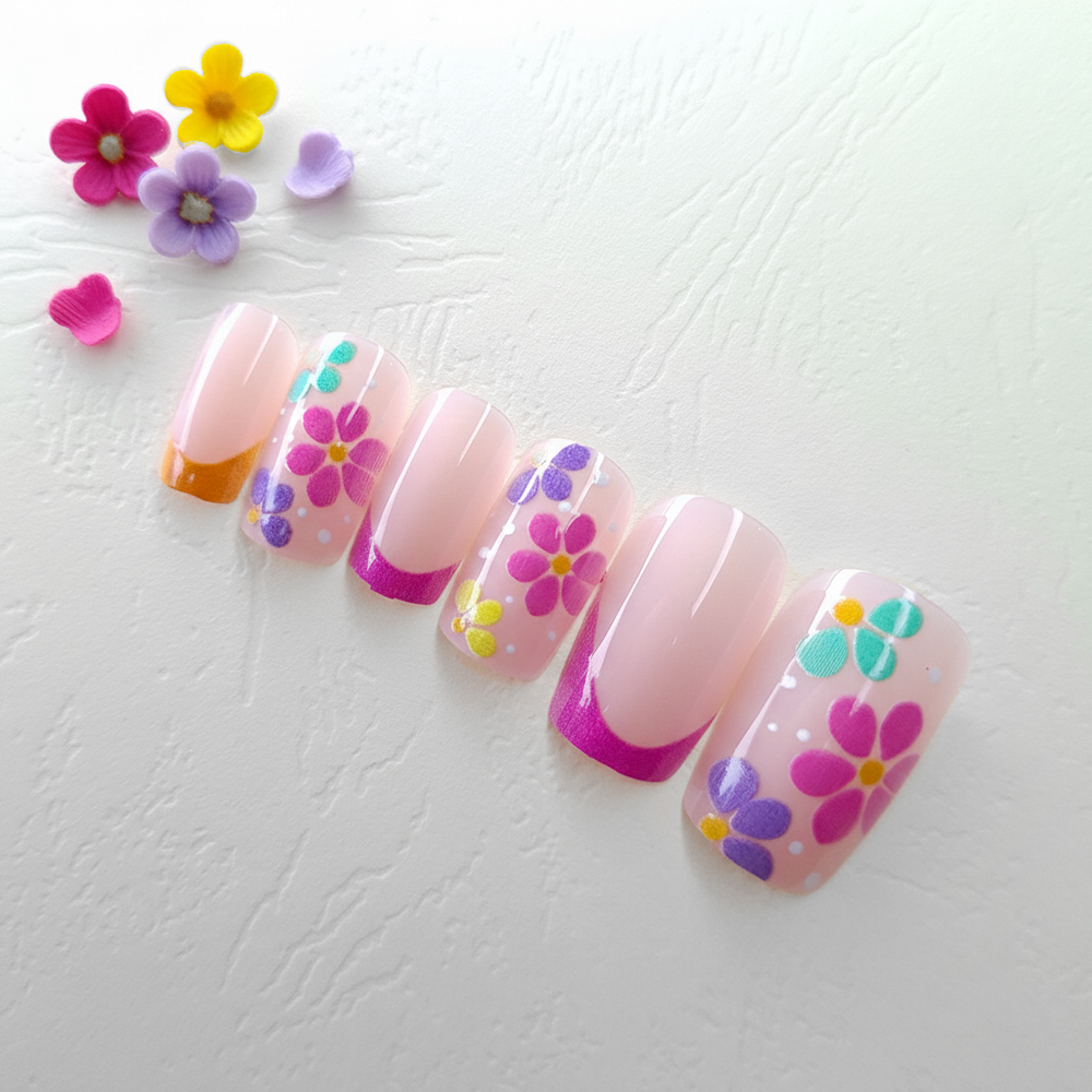 Neon Daisy Square French Tip Reusable Press On Nail