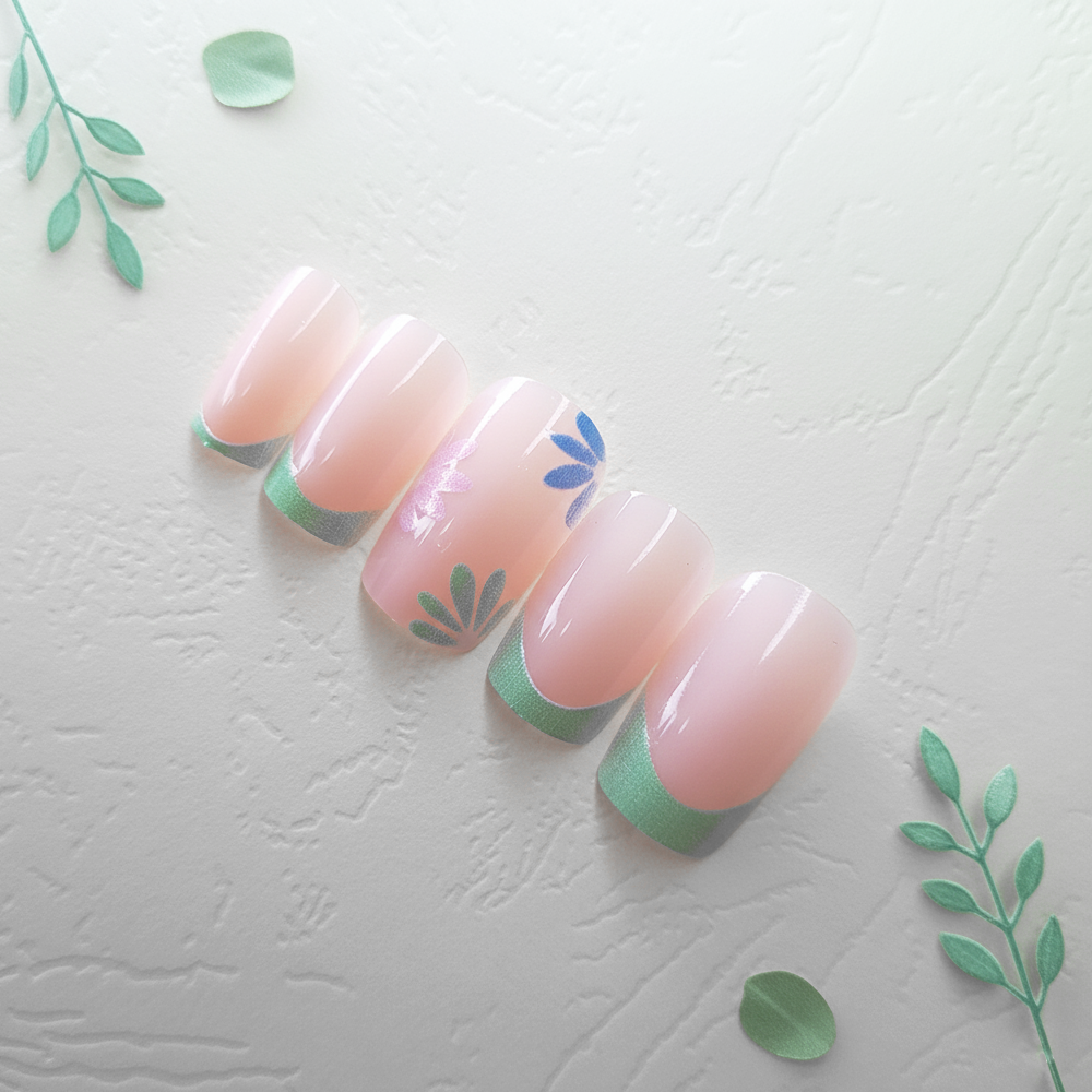 Neon Mint Daisy  Square French Tip Reusable Press On Nail