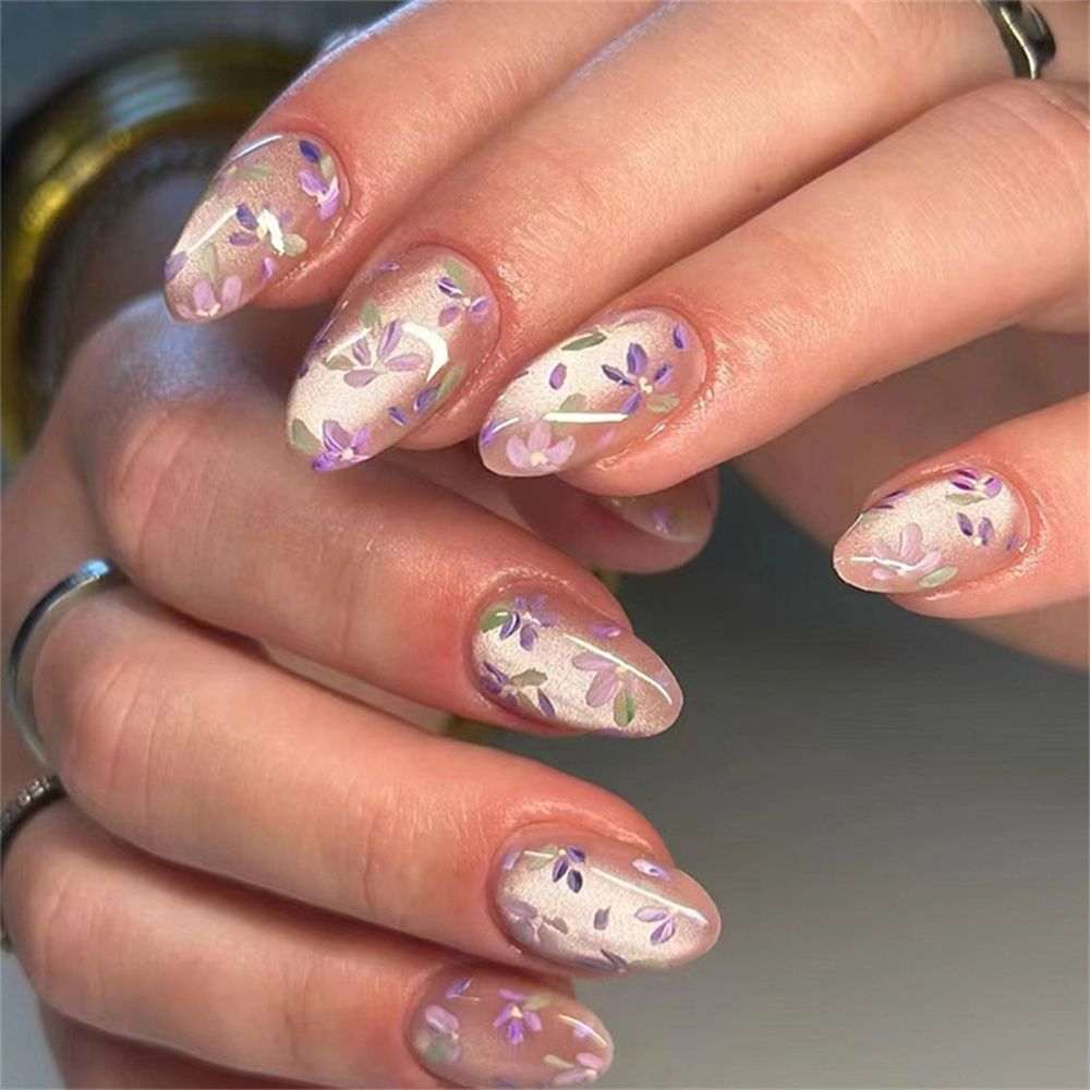 12-Piece Lavender Haze Floral Overlay Almond Nails Reusable Press On Nail