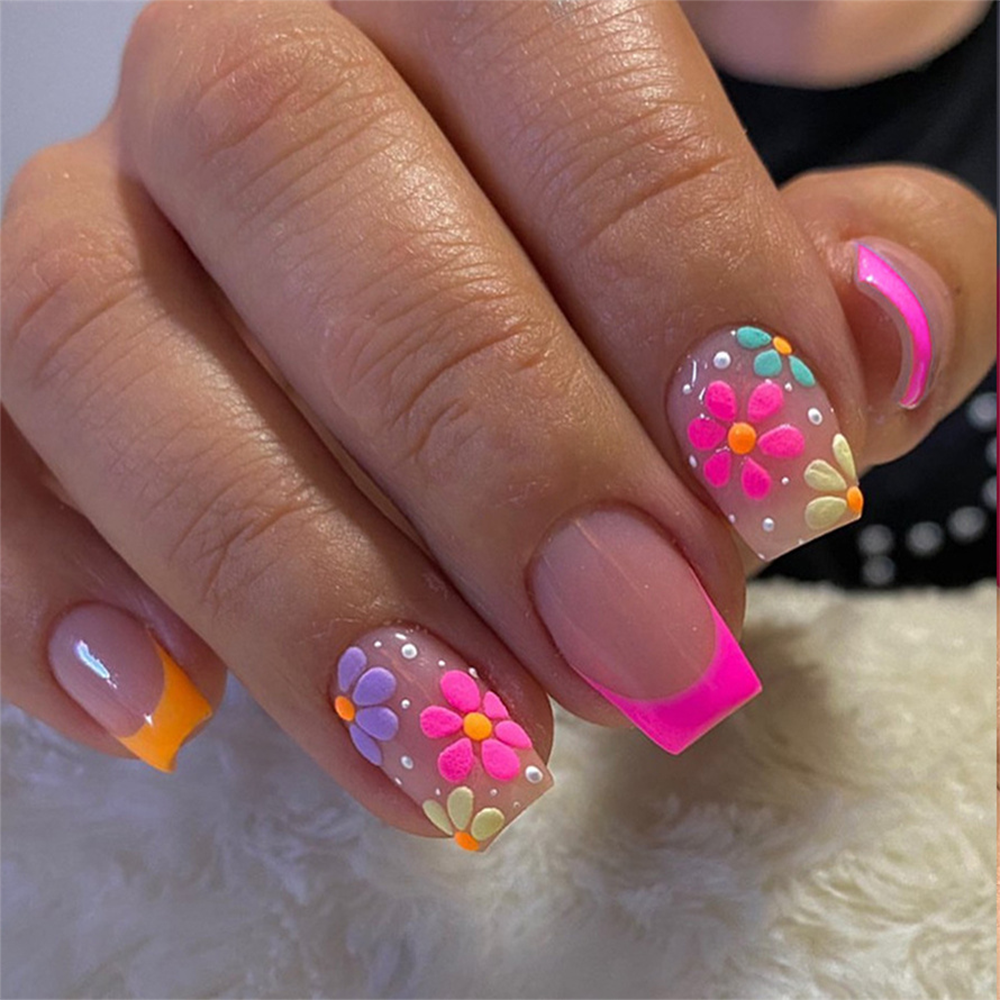 Neon Daisy Square French Tip Reusable Press On Nail