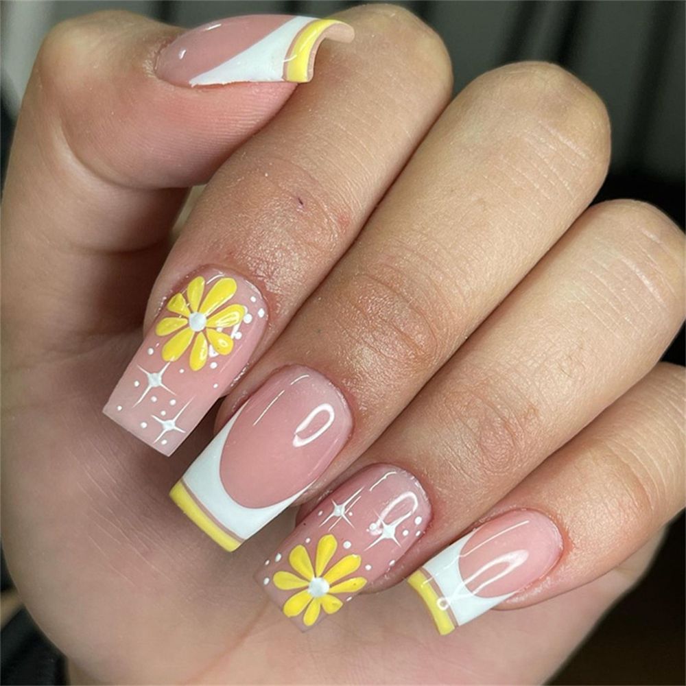 12-Piece Lemon Daisy French Tips Reusable Press On Nail