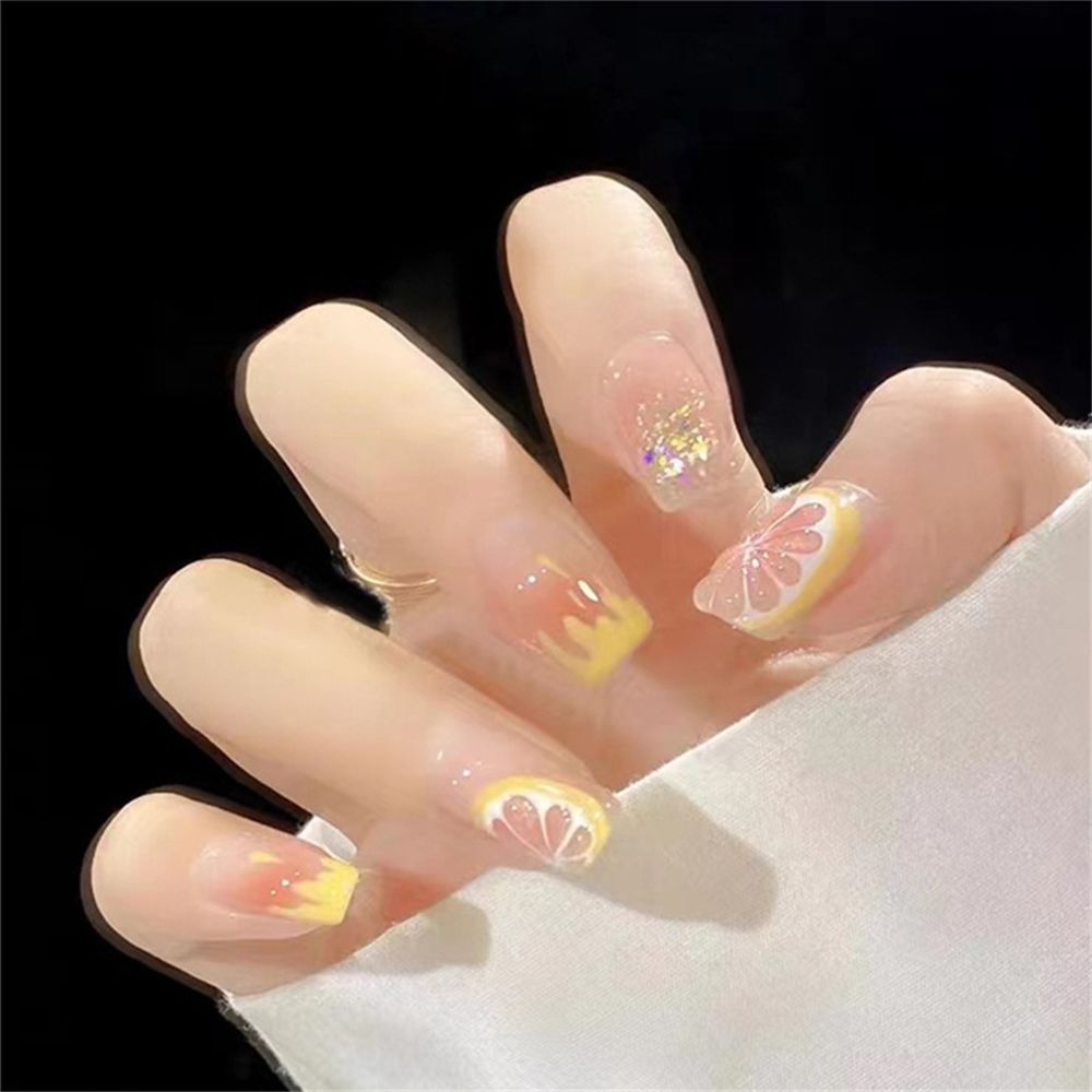12-Piece Clear Square Tip with Citrus & Glitter Accents Reusable Press On Nail
