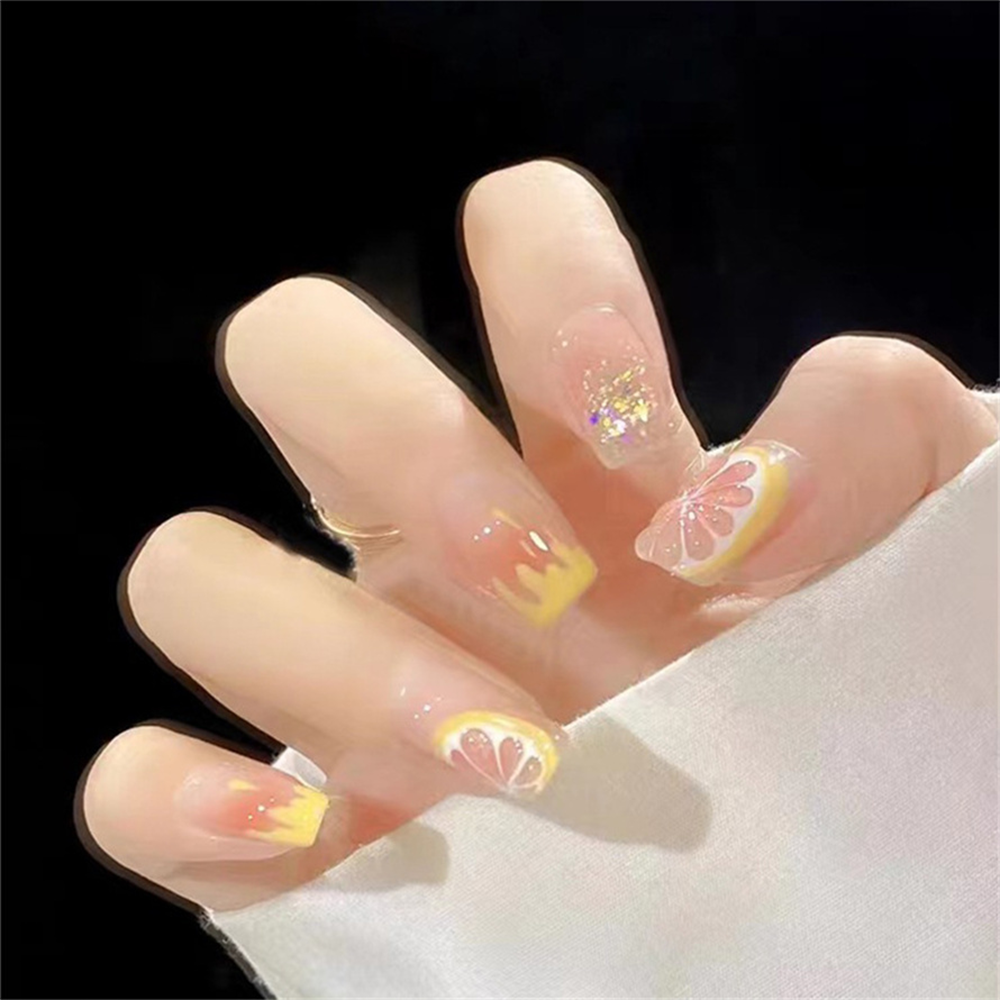 Clear Square Tip with Citrus & Glitter Accents Reusable Press On Nail