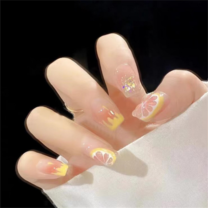 Clear Square Tip with Citrus & Glitter Accents Reusable Press On Nail