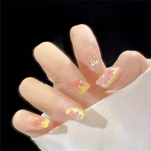 Clear Square Tip with Citrus & Glitter Accents Reusable Press On Nail