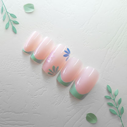 12-picese Neon Mint Daisy  Square French Tip Reusable Press On Nail