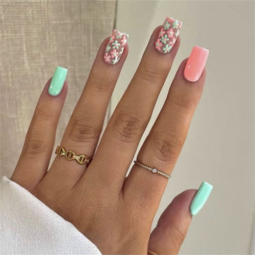 12-Piece Square French Tip Pastel Floral Mix Reusable Press On Nail