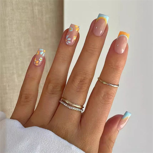 12-Piece Nude Manicure with Pastel Floral and Bright French Accent Reusable Press On Nail