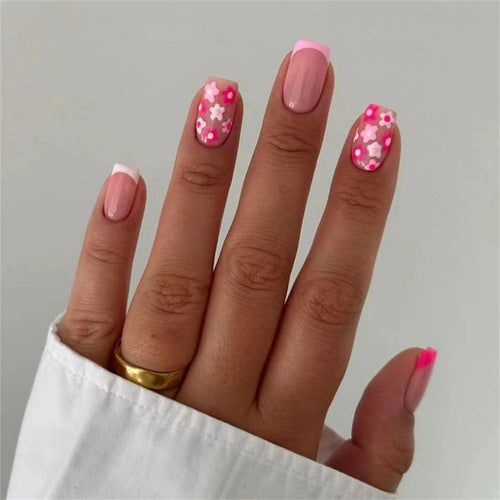 12-Piece Square French Manicure with Hot Pink Flower Accents Reusable Press On Nail