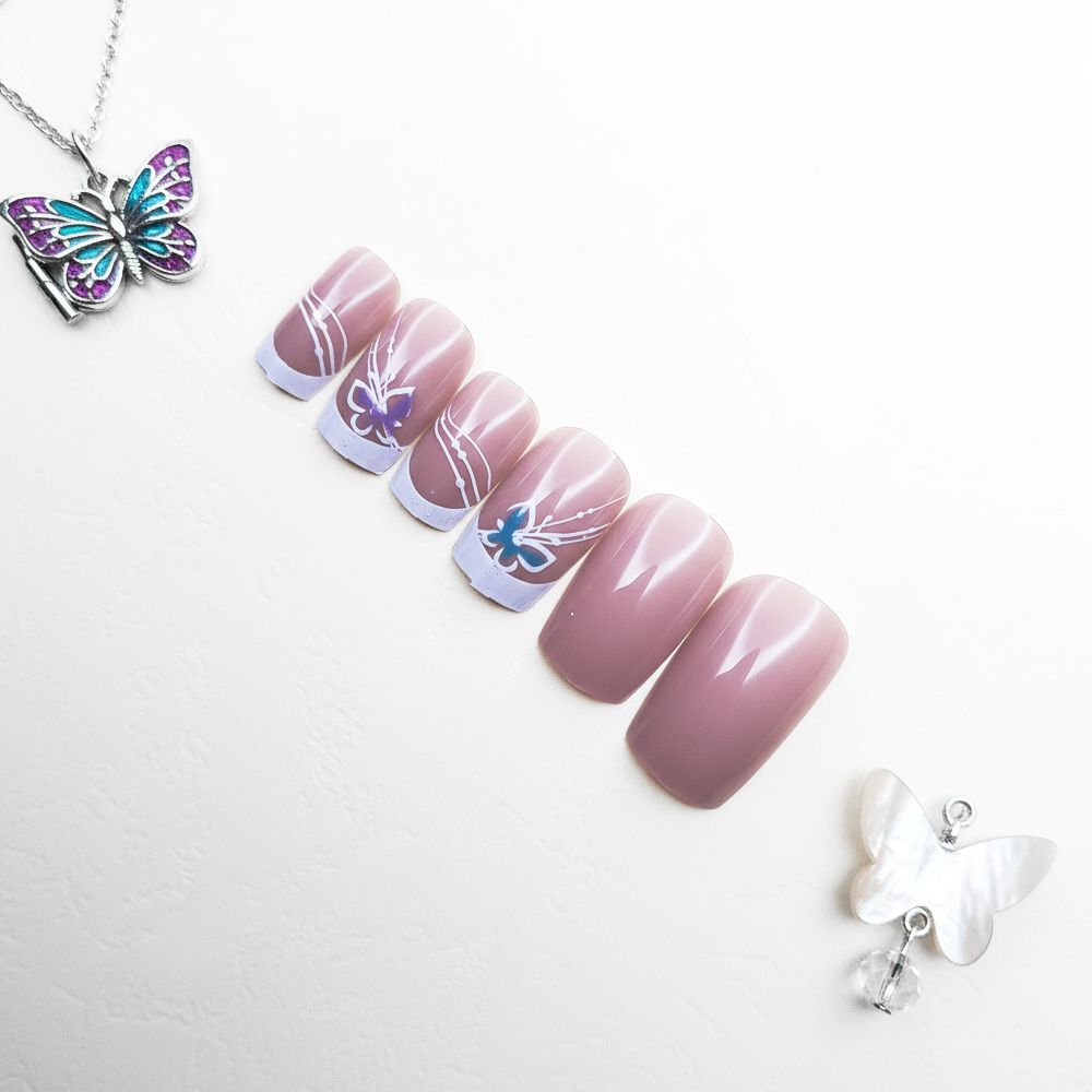 12-Piece Butterfly Whisper Square French Tip Reusable Press On Nail