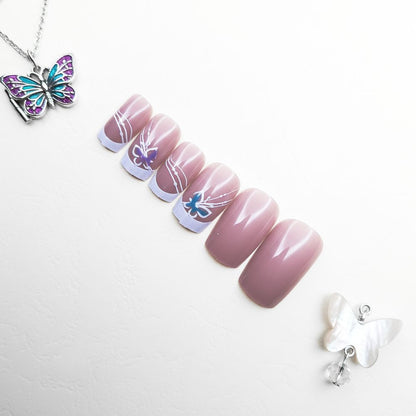 12-Piece Butterfly Whisper Square French Tip Reusable Press On Nail
