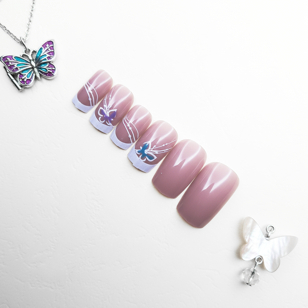 Butterfly Whisper Square French Tip Reusable Press On Nail