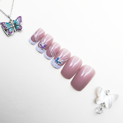 Butterfly Whisper Square French Tip Reusable Press On Nail