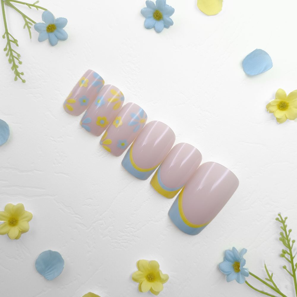 12-Piece Nude Manicure with Pastel Floral and Bright French Accent Reusable Press On Nail
