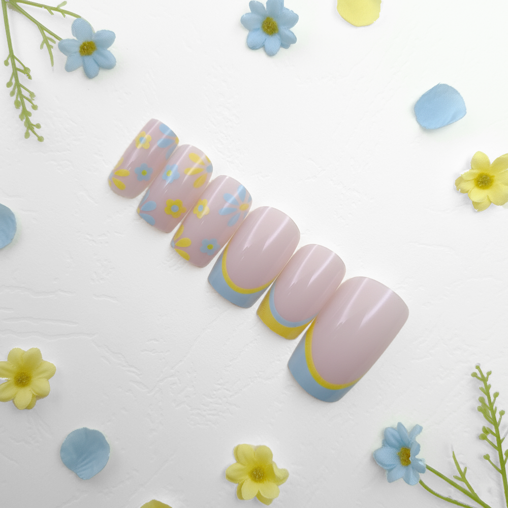 Nude Manicure with Pastel Floral and Bright French Accent Reusable Press On Nail
