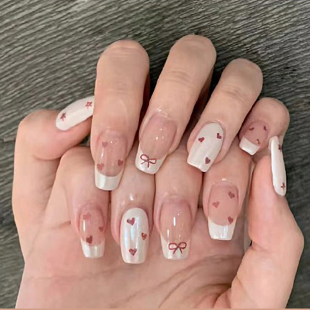 Nude French Tip with Red Heart Accents Reusable Press On Nail